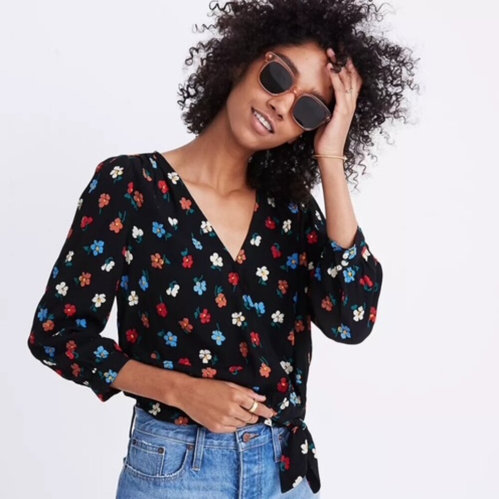 Madewell Large Black Pressed Flower Long Sleeve Wrap Top EUC